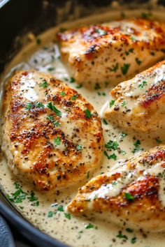 some chicken is cooking in a pan with white sauce and parsley on the side