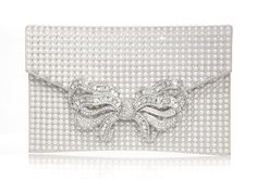 Bow Envelope Clutch in Pearl | Over The Moon Diamond Clutch, Judith Leiber Couture, Pearl Bow, Silver Clutch, Custom Bows, Rose Gold Morganite, Bow Brooch, Crystal Clutch, Classic Handbags