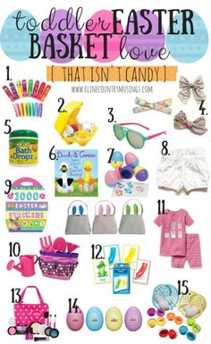 an easter basket love poster with lots of items for the child's easter baskets