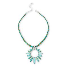 Jay King Gallery Collection Campitos Turquoise Pendant with Necklace  Add a touch of natural gemstone color to any ensemble with this bold, Campitos turquoise pendant and necklace. The circular, open pendant features multi-sized oval turquoise cabochons radiating outward in a chic, stylish design. Pair it with the included turquoise bead necklace or string it on a favorite chain for colorful, inspired looks any time. From Jay's exclusive Gallery Collection.       Pendant approx. 3-1/8"L x 2-3/4"W     Necklace approx. 18"L x 5/16"W with 2-3/4" extender     Stamped .925     Wide, tapered bail     Turquoise bead necklace; hook closure   Stone Information       All sizes and weights approximate     Stabilized Campitos Turquoise - Oval (5x8mm to 8x28mm), rondelle (4x2.5mm), freeform (5x4mm to 8 Southwestern Turquoise Pendant Beaded Necklace, Turquoise Necklace With Round Natural Stone Pendant, Turquoise Necklace With Gemstone Beads And Round Pendant, Turquoise Necklace With Round Gemstone Pendant, Turquoise Necklace With Round Gemstone Beads Pendant, Turquoise Necklaces With Round Gemstone Pendant, Turquoise Necklaces With Gemstone Beads, Southwestern Style Turquoise Round Pendant Jewelry, W Necklace