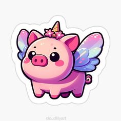 a pink pig with wings and a unicorn horn sticker