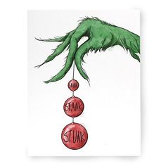 a drawing of a hand holding two red balls with the word stink hanging from it