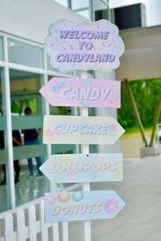 a sign that says welcome to candyland and cupcakes