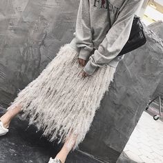 Feather Grey A Line Elastic High Waist Long Midi Crochet Skirt | Uniqistic.com Fall Knitted Skirt, Feather Sweater, Long Midi, Crochet Skirt, Skirt Women, Fall Skirts, Gray Skirt, Knit Skirt, Crochet Fashion