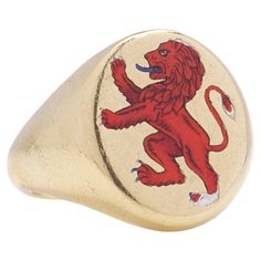 Vintage 18kt. yellow gold signet ring, featuring a design of a rampant lion on its face. Notably, the enamel portion of the lion motif is missing. Made in England, London, 1960's Maker: S&B ( Unidentified ) Fully hallmarked. The dimensions - Ring Size: Length x Width x depth: 2.9 x 2.5 x 2 cm Finger Size (UK) = U 1/2 (EU) = 62.5 (US) = 10.75 Weight: 24.8 grams Condition: One noticeable aspect of the ring is the absence of enamel on the rampant lion motif. However, this presents a unique opportun Gold Signet Ring, Signet Ring, Lion, Leadership, Ring Size, Jewelry Rings, Yellow Gold, Yellow, 10 Things