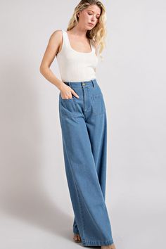 MINERAL WASHED POCKET WIDE PANTS Brand: eesome Style: PG8111 Fabric: 100% cotton Details: Wide leg pants with a button front closure and two front pockets. Can wear with a belt of your choice! Model is 5'8" and wearing a small. Trendy Wide Leg Cargo Jeans With Button Closure, Chic High Rise Wide Leg Pants With Pockets, Spring High Rise Wide Leg Pants With Pockets, High Rise Wide Leg Pants With Pockets For Spring, Summer Wide Leg Jeans With Welt Pockets, Casual Cotton Pants With Buttoned Pockets, Summer Straight Leg Bottoms With Buttoned Pockets, Straight Leg Bottoms With Buttoned Pockets For Summer, Spring Wide-leg Cargo Jeans For Everyday