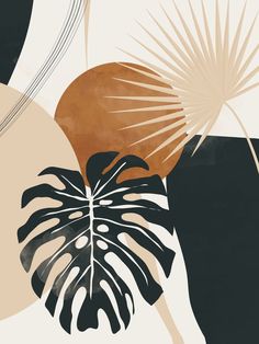 an abstract painting with palm leaves and other tropical plants in shades of brown, black, beige and white