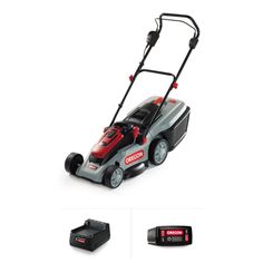 an electric lawn mower is shown with batteries