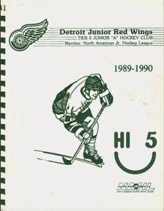 the detroit junior red wings hockey program is in black and white, with an image of a