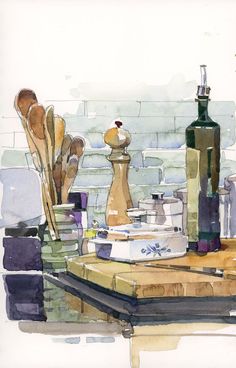 a watercolor painting of kitchen utensils on a table