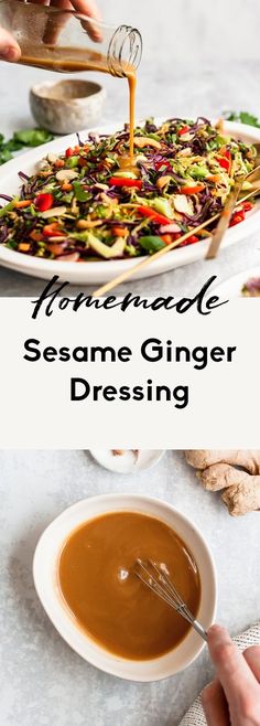 homemade sesame ginger dressing being drizzled on top of a plate with salad in the background