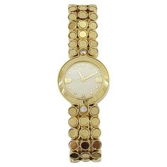 Harry Winston Premier 18K Yellow Gold Ladies Watch 23mm Model #1223. Dial: Cream color. Movement: Quarts Case: 18k Yellow Gold, Case Diameter 23 mm, weighing 65.9 Grams of 18k Yellow Gold Bracelet: 18k Yellow Gold. Fits up to a 6.5" wrist (small to medium size wrist) w/ 2 natural round brilliant ~0.06 ct, Colorless & VVS-VS in clarity diamonds. Jennifer Jones, Color Crema, Harry Winston, Yellow Gold Bracelet, Gold Case, Ladies Watch, Cream Color, Medium Size, Womens Watches