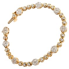 A unique piece within our carefully curated Vintage & Prestige fine jewellery collection, we are delighted to present the following: This pretty Diamond Daisy Bracelet is set in 14K Yellow Gold wit 3.75ct in diamonds. The bracelet measures 160mm. A perfect gift for her. Vintage Round Bracelet With Single Cut Diamonds, Vintage Round Brilliant Cut Diamond Bracelet, Hallmarked Yellow Gold Diamond Tennis Bracelet, Hallmarked Round Gold Bracelet, Dazzling Diamond Bracelet With 17 Jewels For Anniversary, Dazzling Round Diamond Bracelet With 17 Jewels, Hand-set Yellow Gold Diamond Bracelet For Anniversary, Exquisite Single Cut Diamond Anniversary Bracelets, Yellow Gold Diamond Bracelet Hand Set For Anniversary