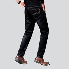 Introducing our 90s-style, monochrome, straight, high-waist, zipper & button closure black men's jeans, from our 2023 Autumn Collection - a timeless classic with a modern touch!Why It's Your New Wardrobe EssentialFusing vintage appeal with contemporary grace, these jeans are crafted for comfort and style. The deep black hue and straight-fit silhouette lend a timeless and timelessly sophisticated look, making these jeans an essential addition to your wardrobe.Flawless Features: 90s-Style Monochro Black Straight Jeans With Five Pockets, Straight Black Jeans With Five Pockets, Black Straight Leg Jeans For Winter, Black Straight Fit Denim Jeans, Modern Black Straight Fit Jeans, Black Slim Casual Pants, Casual Black Slim Pants, Classic Black Jeans With Pockets, Modern Black Straight Jeans