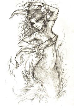 a drawing of a woman in the water with her arms around her head and hands behind her back