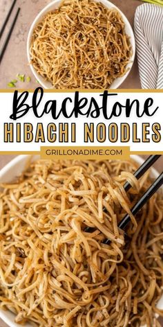 two bowls filled with noodles and chopsticks in front of the words blackstone hiaachi noodles