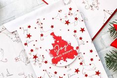 two christmas cards on top of each other with red and white stars in the background