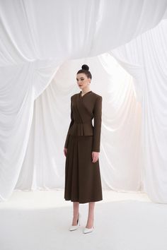 Mizuki A-line Side Pleated Twill Midi Skirt MEAN BLVD Simple Shirt Design, Peplum Design, Wool Midi Skirt, Peplum Designs, Knife Pleats, Overall Outfit, Mean Blvd, Linen Midi Dress, Simple Shirts