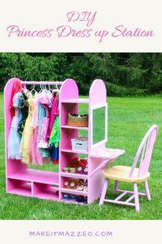 a pink princess dressing table and chair in the grass with text overlay that reads diy princess dress up station