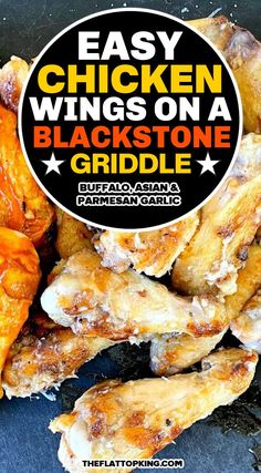 easy chicken wings on a black stone grill with text overlay reading easy chicken wings on a blackstone griddle