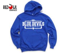 Personalized Blue Devil School Spirit T-Shirt Crewneck, Hoodie Hooded Sweatshirt Football, Baseball, Basketball, Softball, Track, Volleyball, Cross Country, Cheer, Wrestling Not all colors are available in all sizes and styles.  Please check the color and size charts in photos. We do our best to accurately represent shirt colors by using actual photos but do understand that all monitors will display differently. Please contact us prior to purchase with any questions on sizing or colors. Your purchase includes a custom imprint created specifically for your team! A product proof will be emailed to you within 1 business day.  Please keep an eye on your Etsy messages and reply with any changes within 24 hours. Your order will be sent to production after that time if no response is received. Ex Blue Long Sleeve Hoodie With Team Name, Blue Team Spirit Hoodie With Team Name, Blue Long Sleeve Hoodie For Team Spirit, Blue Team Spirit Hoodie For Streetwear, Blue Sports Team Themed Hoodie, Blue Hoodie With Screen Print, Blue Pre-shrunk Sweatshirt For Streetwear, Blue Team Name Hoodie For Winter, Blue Team Spirit Sweatshirt With Team Name