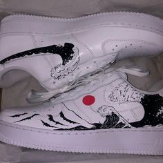 Nike Air Force 1 custom sneakers hand painted with Angelus leather paints. Choice of many colors, personalized pics or themes! Every customs are waterproof, crack chip resistant, and scratch protected. I am open to requests for customization, also for new designs. Just message me for more information. Taking care for custom sneakers are so important, here are a few tips on how to do it: • Clean with cotton fabric and warm/cold water. • You can also add a shoe soap cleaner into the water . • Don' Black Air Force 1, Nike Slippers, Nike Air Force 1 Custom, White Air Forces, Best Romance Anime, Air Force 1 Custom, The Great Wave, Custom Air Force 1, Romance Anime