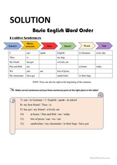 an english word order worksheet with arrows pointing to the words in each language