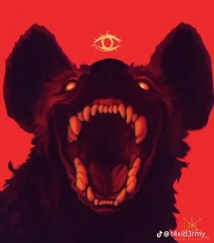 a bear with its mouth open and glowing in the dark, against a red background