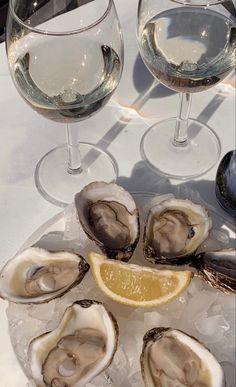 oysters on ice with two glasses of wine