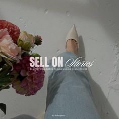 a person standing next to a vase with flowers in it and the words sell on pictures above them