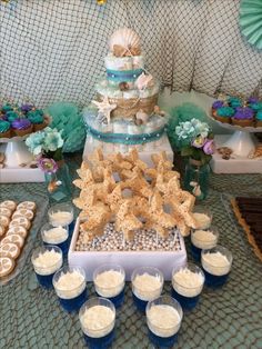 a table topped with lots of food and desserts