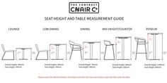 the chair and table measurements guide for each piece of furniture, including two stools