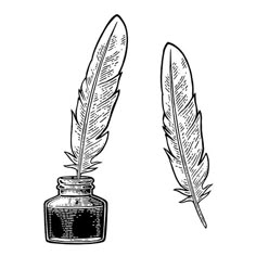 a pen and ink bottle with a feather quill on the top, hand drawn illustration