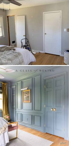 before and after photos of a bedroom with blue walls