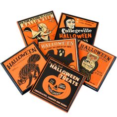 four halloween cards are stacked on top of each other