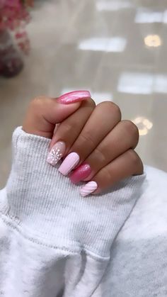 girly winter pink nails 🎀🪩❄️ Pink Square Christmas Nails, Almond Christmas Nails Pink, Pink Christmas Nails Designs, Pink Winter Nail Ideas, Pink Snow Nails, Pink Snowman Nails, Pink January Nails, Girly Christmas Nails Pink, Pink Santa Nails