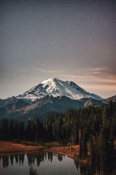 a snow covered mountain with trees and water in the foreground, under a night sky filled with stars