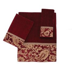 three piece towel set in red and gold with paisley design on the front, two matching towels