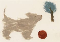 a drawing of a dog playing with a ball in the snow next to a tree