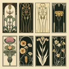 an image of art deco flowers in the style of art nouveauism, set of nine panels