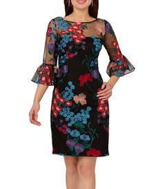 Adrianna Papell Floral Embroidered Mesh Boat Neck Elbow Sleeve Dress | Dillard's Fitted Evening Dress With Embroidered Sleeves, Evening Dresses With Embroidered Sleeves, Fitted Midi Dress With Embroidered Sleeves, Elegant Fitted Dresses With Embroidered Sleeves, Elegant Midi Dress With Embroidered Sleeves, Spring Mini Dress With Sleeves, Formal Stretch Dress With Mesh Sleeves, Embroidered Cocktail Dress For Fall, Fall Cocktail Dress With Embroidery