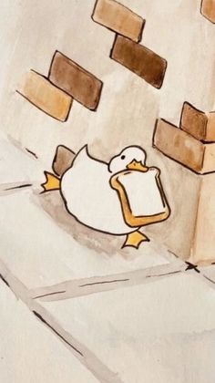 a drawing of a duck in front of a brick wall with bricks on it's sides