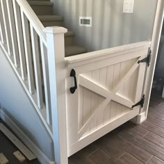 a stair case with an open door on the bottom and two black handles at the top