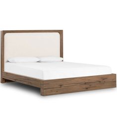 a wooden bed frame with white sheets and pillows on top of it, against a white background