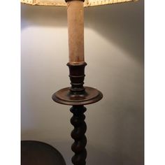 a lamp that is sitting on top of a wooden table next to a light shade