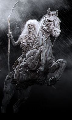 a skeleton riding on the back of a horse with a spear in its hand and holding a staff