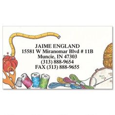 a business card with an image of yarn, scissors and knitting needles on it's side