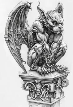 a black and white drawing of a gargoon on top of a pillar with an ornate