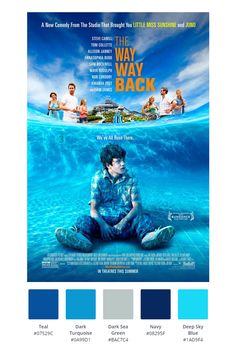 the way back movie poster with blue hues and white text, on top of an ocean scene