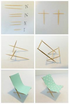 four pictures of different shapes and sizes of chairs with sticks sticking out of the back